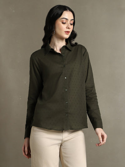 DL Woman Olive Solid Textured Spread Collar Full Sleeves Shirt