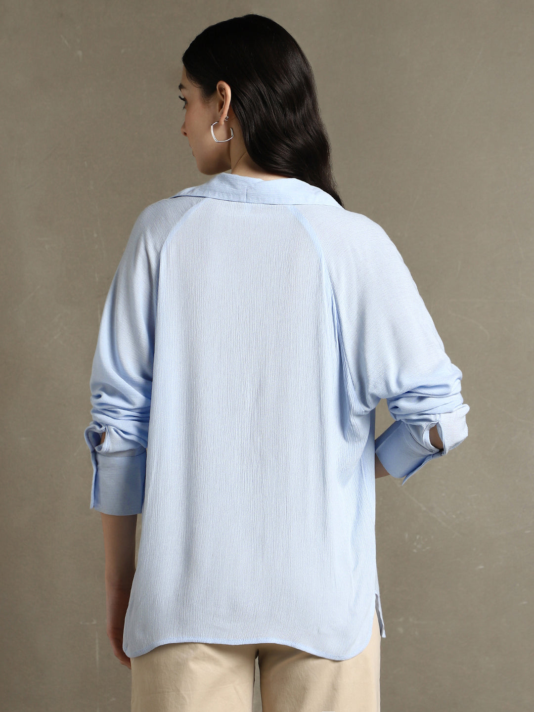 DL Woman Light Blue Solid Spread Collar Full Sleeves Oversized Shirt