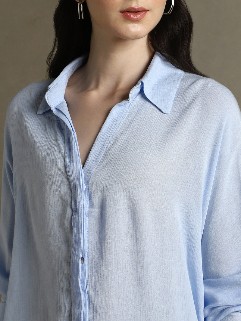 DL Woman Light Blue Solid Spread Collar Full Sleeves Oversized Shirt