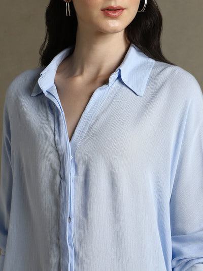 DL Woman Light Blue Solid Spread Collar Full Sleeves Oversized Shirt