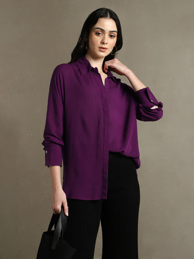 DL Woman Purple Solid Spread Collar Full Sleeves Oversized Shirt