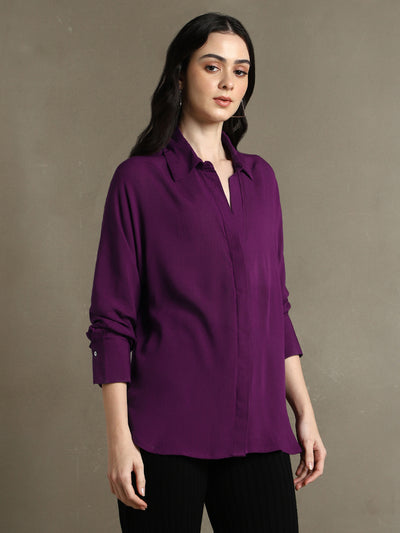 DL Woman Purple Solid Spread Collar Full Sleeves Oversized Shirt