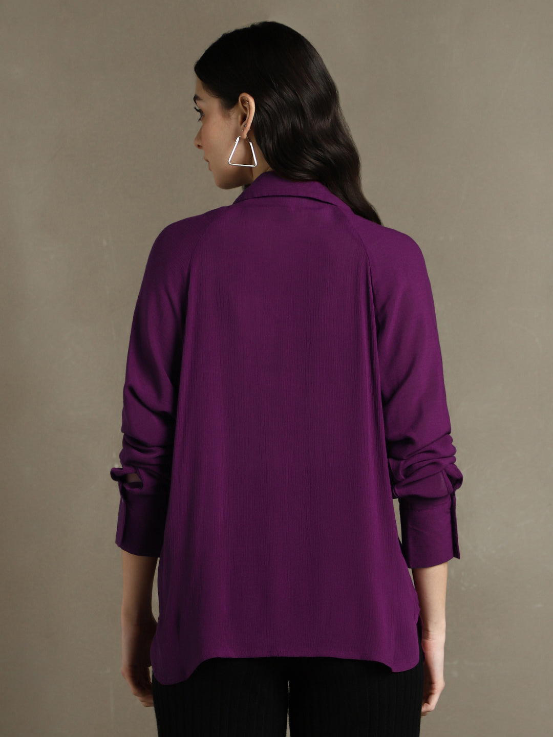 DL Woman Purple Solid Spread Collar Full Sleeves Oversized Shirt