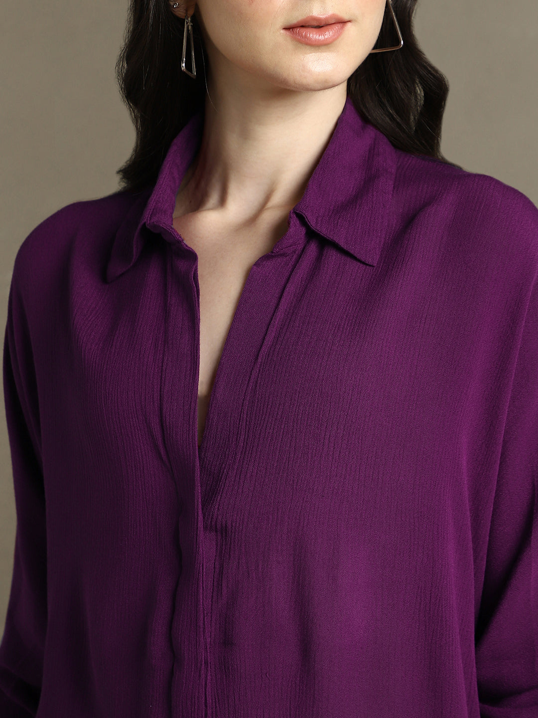 DL Woman Purple Solid Spread Collar Full Sleeves Oversized Shirt