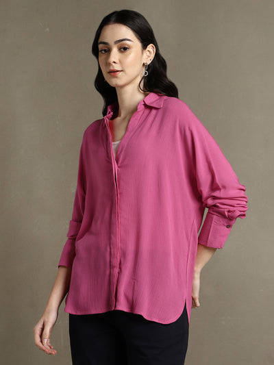 DL Woman Pink Solid Spread Collar Full Sleeves Oversized Shirt