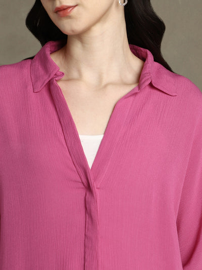 DL Woman Pink Solid Spread Collar Full Sleeves Oversized Shirt