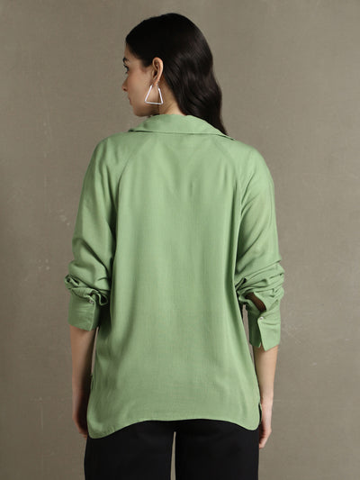 DL Woman Sage Green Solid Spread Collar Full Sleeves Oversized Shirt