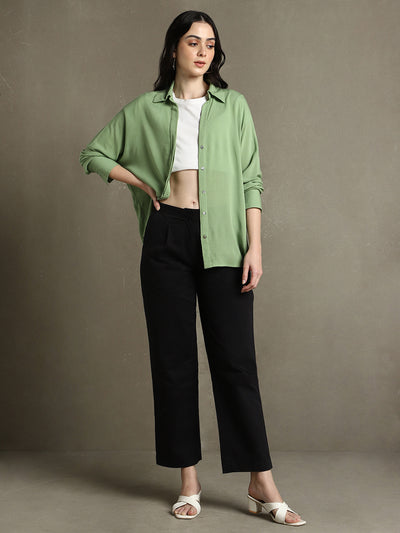 DL Woman Sage Green Solid Spread Collar Full Sleeves Oversized Shirt