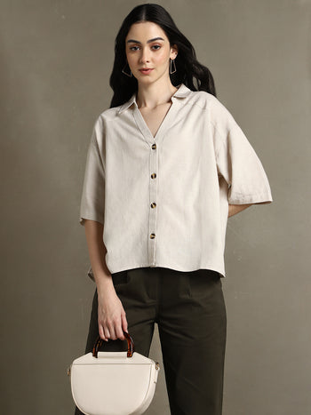 DL Woman Beige Solid Spread Collar Half Sleeves Oversized Shirt