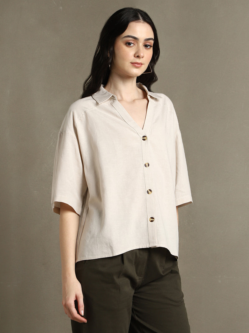 DL Woman Beige Solid Spread Collar Half Sleeves Oversized Shirt