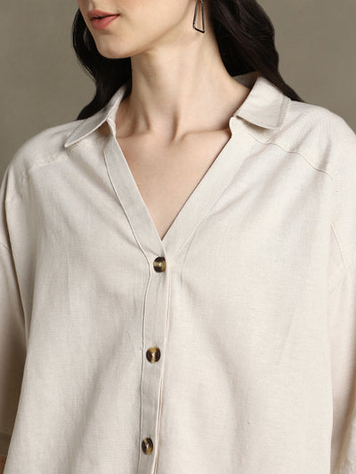 DL Woman Beige Solid Spread Collar Half Sleeves Oversized Shirt