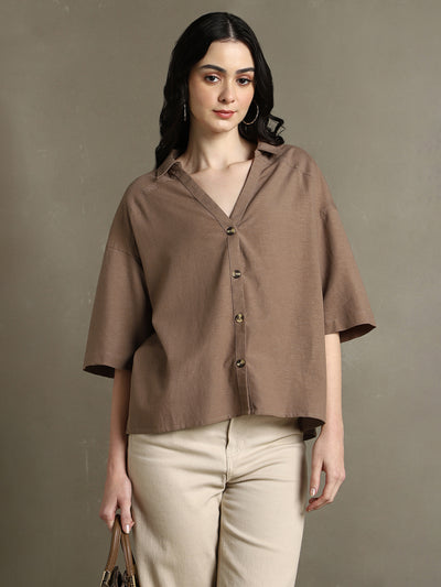 DL Woman Brown Solid Spread Collar Half Sleeves Oversized Shirt