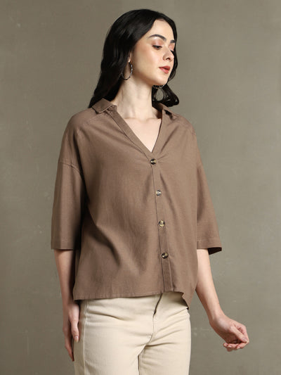 DL Woman Brown Solid Spread Collar Half Sleeves Oversized Shirt