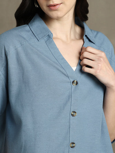 DL Woman Indigo Solid Spread Collar Half Sleeves Oversized Shirt