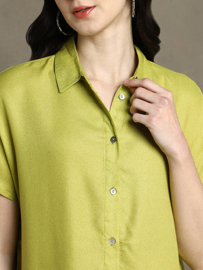 DL Woman Apple Green Solid Spread Collar Half Sleeves Oversized Shirt