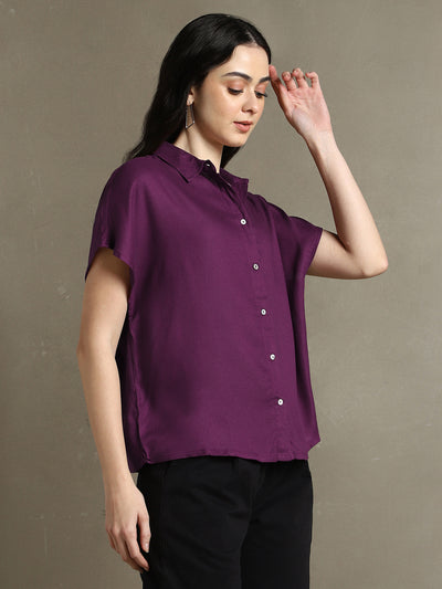 DL Woman Purple Solid Spread Collar Half Sleeves Oversized Shirt