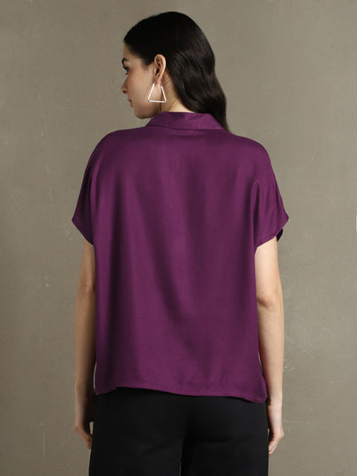 DL Woman Purple Solid Spread Collar Half Sleeves Oversized Shirt