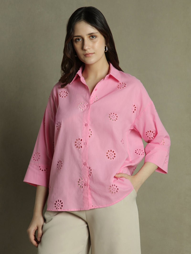 DL Woman Pink Collared Schiffli  Cotton Shirt