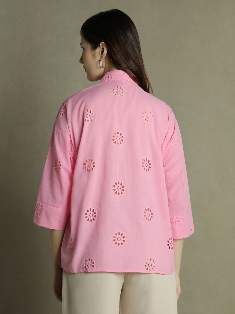 DL Woman Pink Collared Schiffli  Cotton Shirt