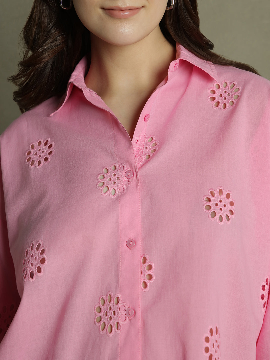 DL Woman Pink Collared Schiffli  Cotton Shirt