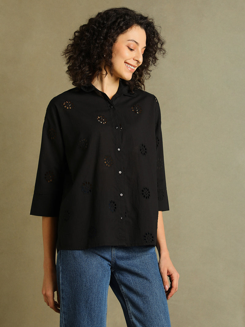 DL Woman Black Schiffli Spread Collar Full Sleeves Shirt