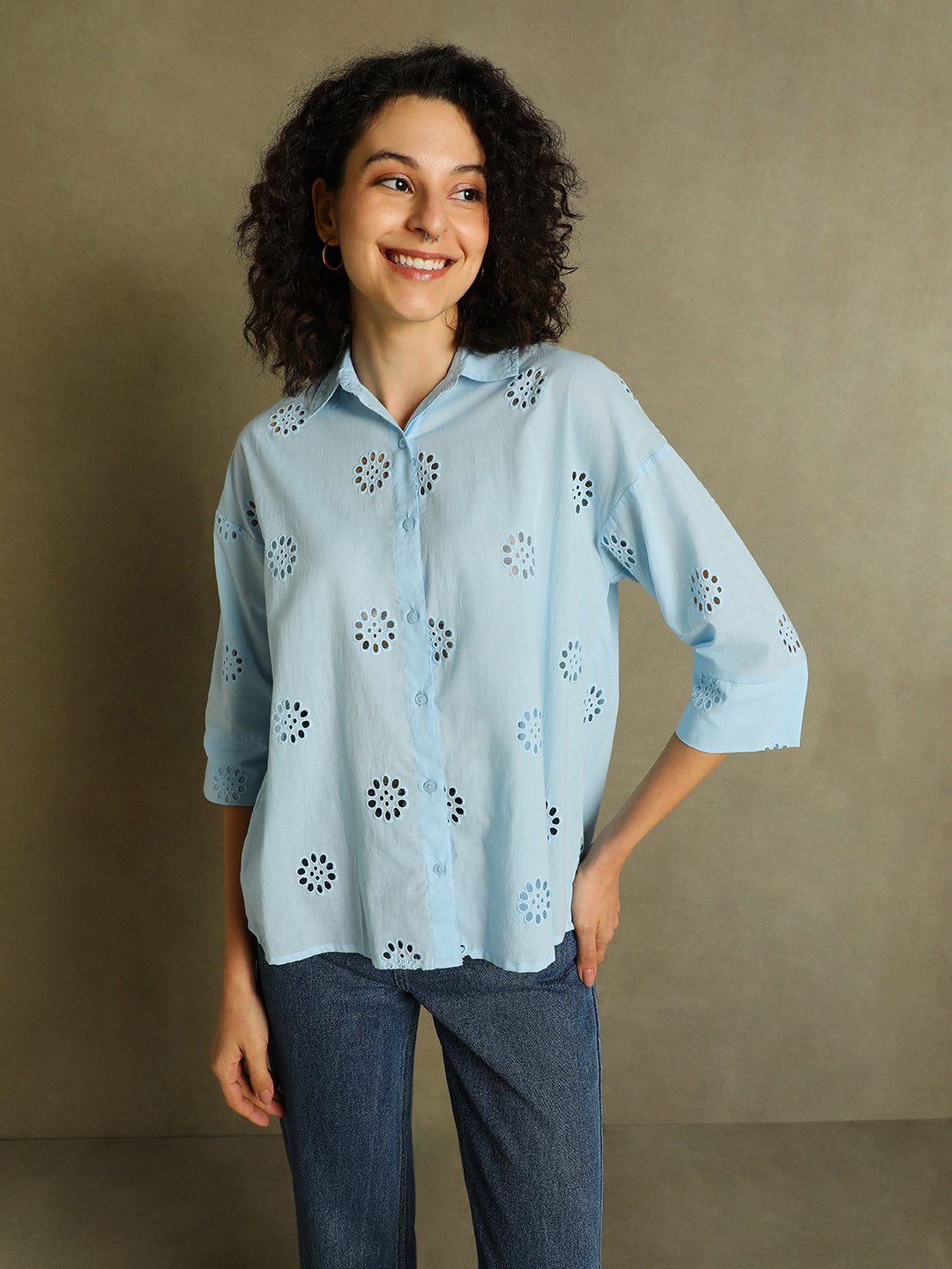 DL Woman Light Blue Schffili Spread Collar Full Sleeves Shirt