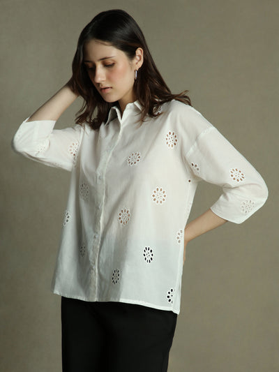 DL Woman White Collared Schiffli  Cotton Shirt