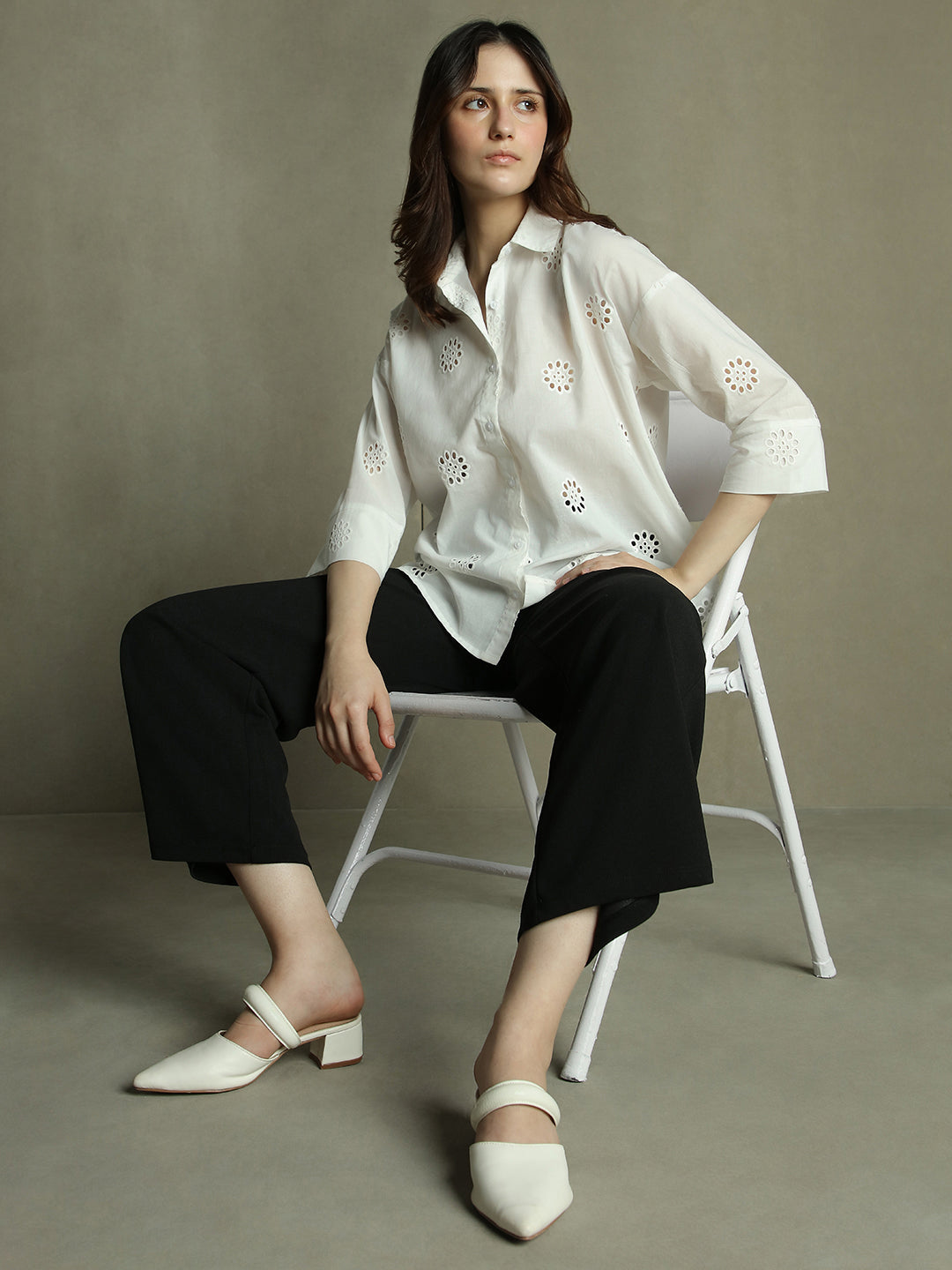 DL Woman White Collared Schiffli  Cotton Shirt