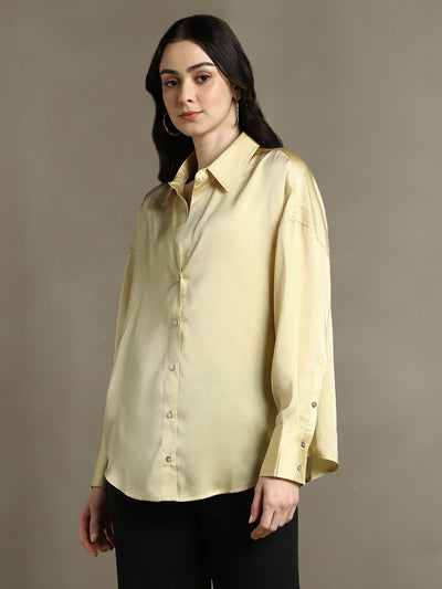 DL Woman Khaki Solid Spread Collar Full Sleeves Relaxed Fit Shirt