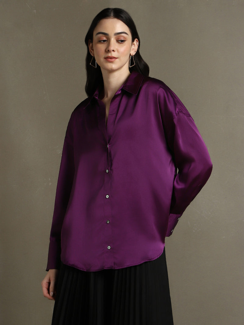 DL Woman Purple Solid Spread Collar Full Sleeves Relaxed Fit Shirt