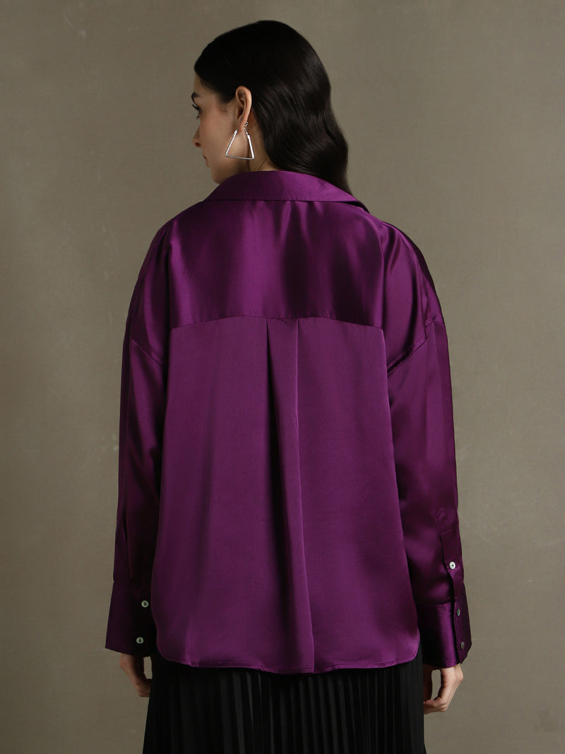 DL Woman Purple Solid Spread Collar Full Sleeves Relaxed Fit Shirt