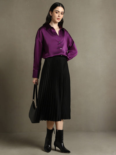 DL Woman Purple Solid Spread Collar Full Sleeves Relaxed Fit Shirt