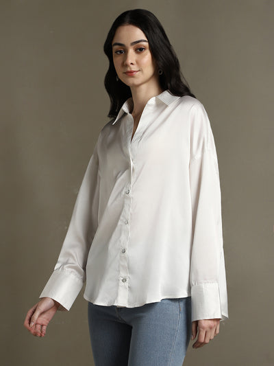 DL Woman White Solid Spread Collar Full Sleeves Relaxed Fit Shirt