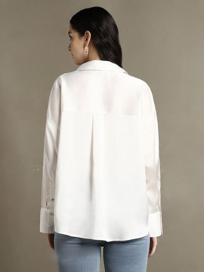 DL Woman White Solid Spread Collar Full Sleeves Relaxed Fit Shirt