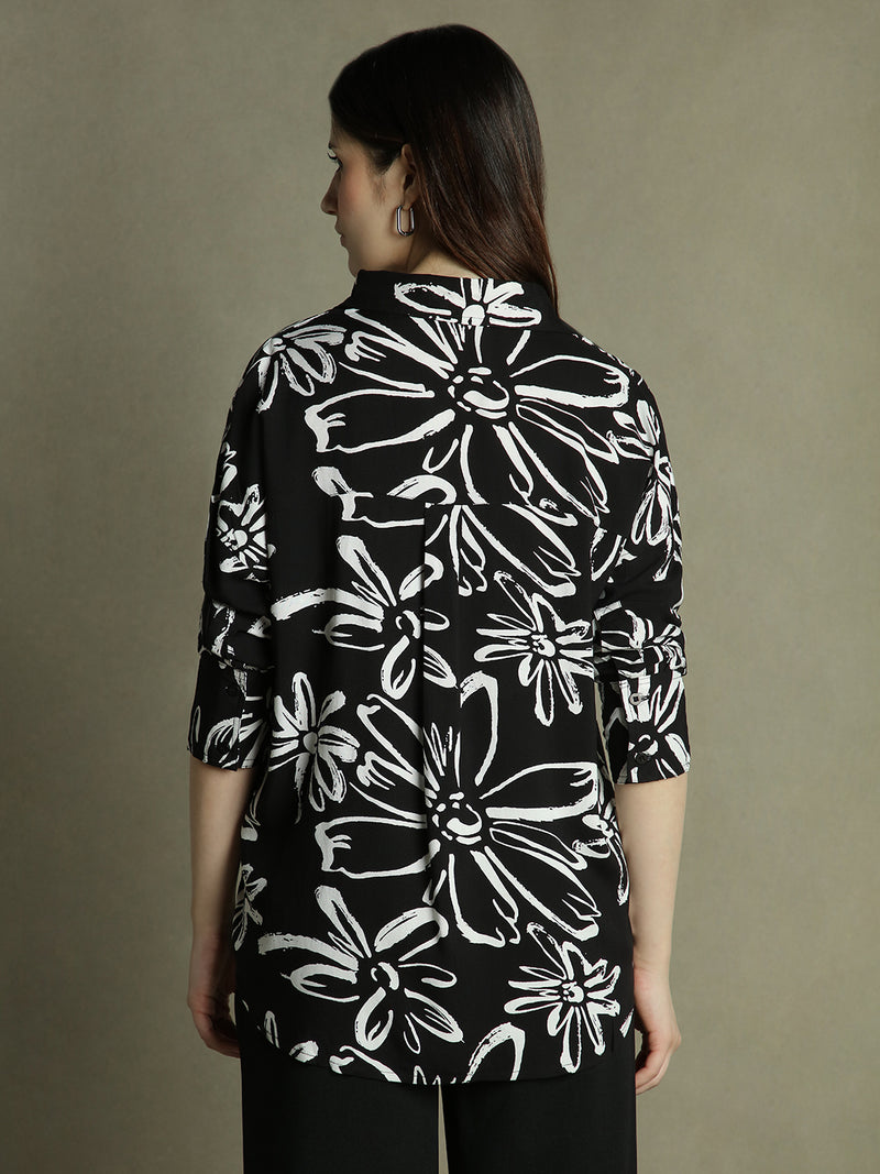 DL Woman Black Floral Print Collared Cotton Shirt