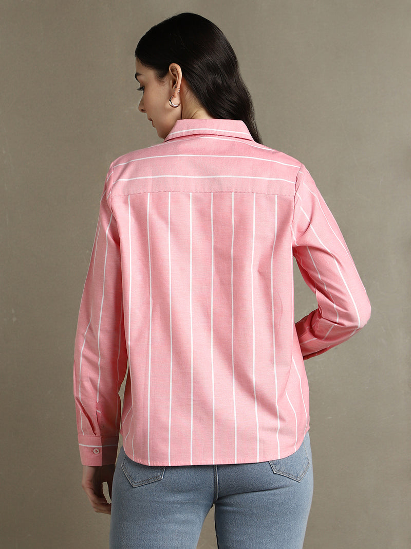 DL Woman Pink Striped Spread Collar Full Sleeves Relaxed Fit Shirt