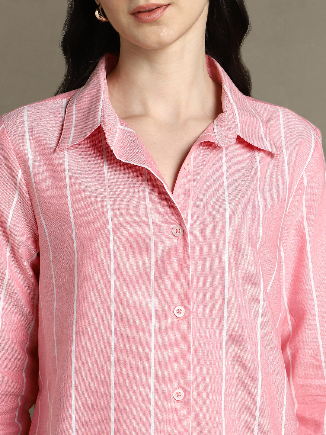 DL Woman Pink Striped Spread Collar Full Sleeves Relaxed Fit Shirt