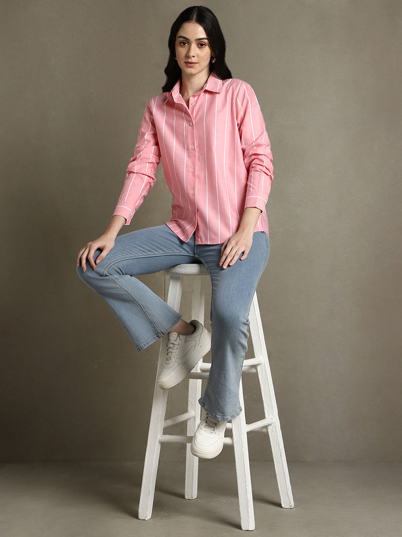 DL Woman Pink Striped Spread Collar Full Sleeves Relaxed Fit Shirt