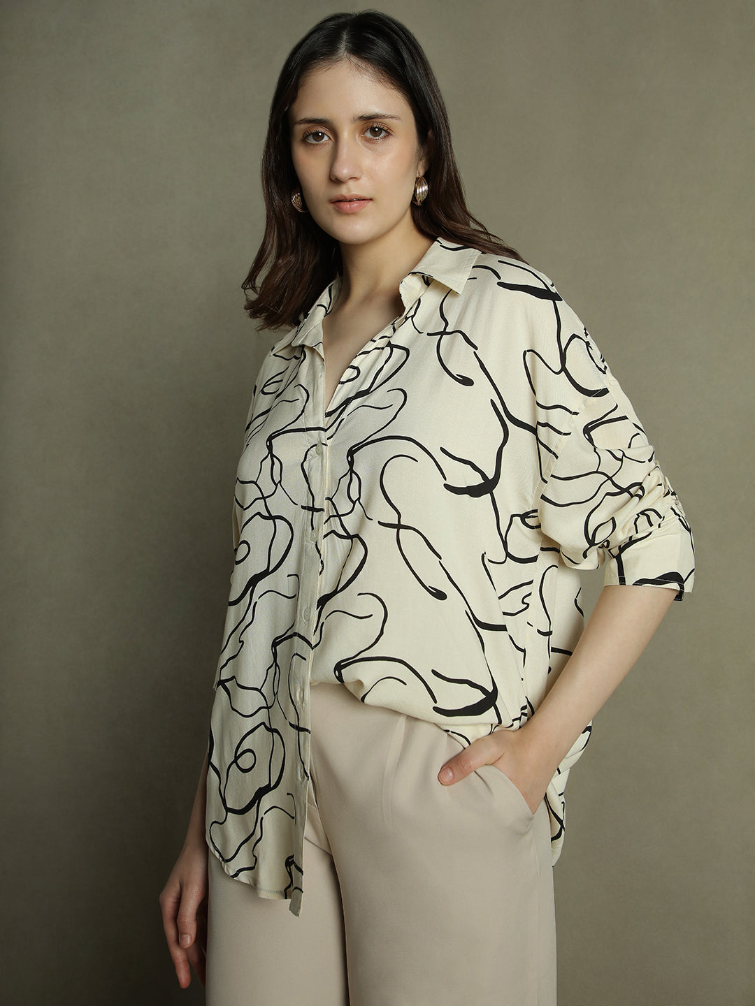 DL Woman White Abstract Print Collared Cotton Shirt