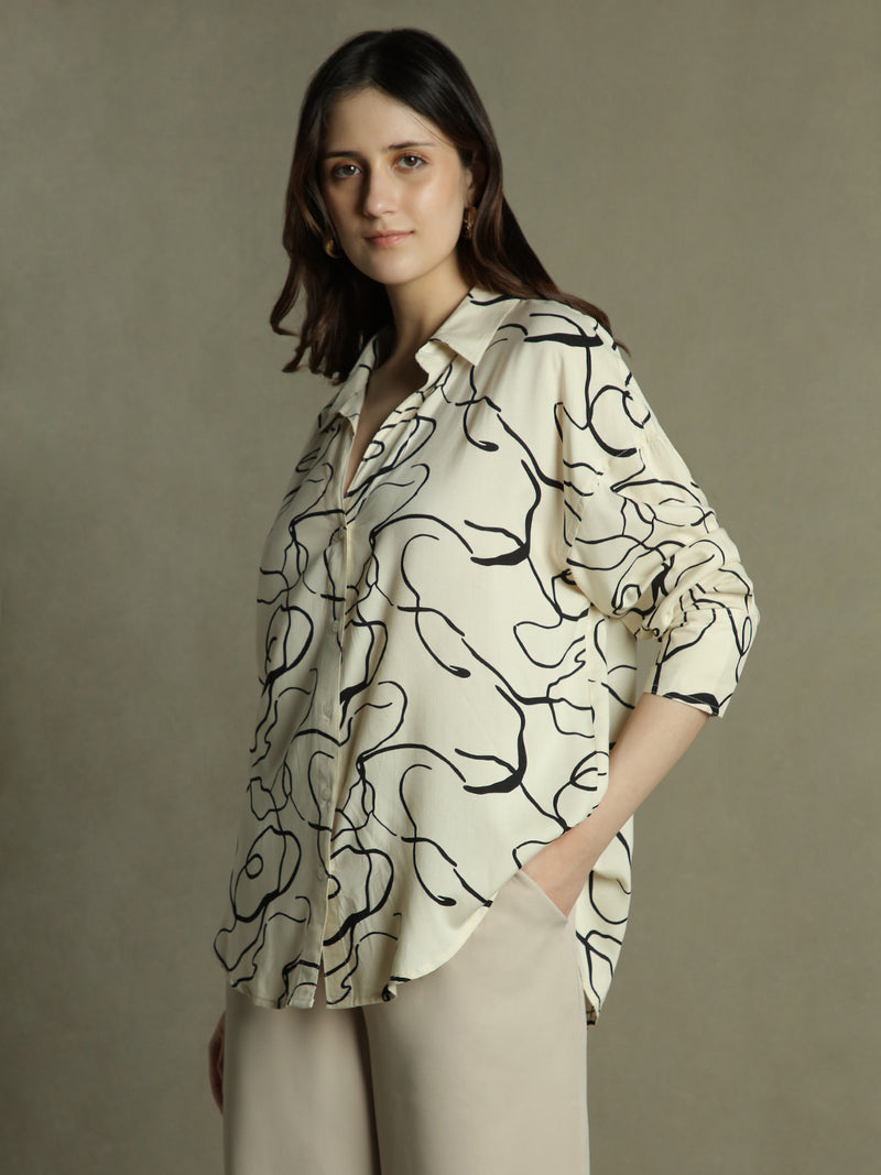 DL Woman White Abstract Print Collared Cotton Shirt