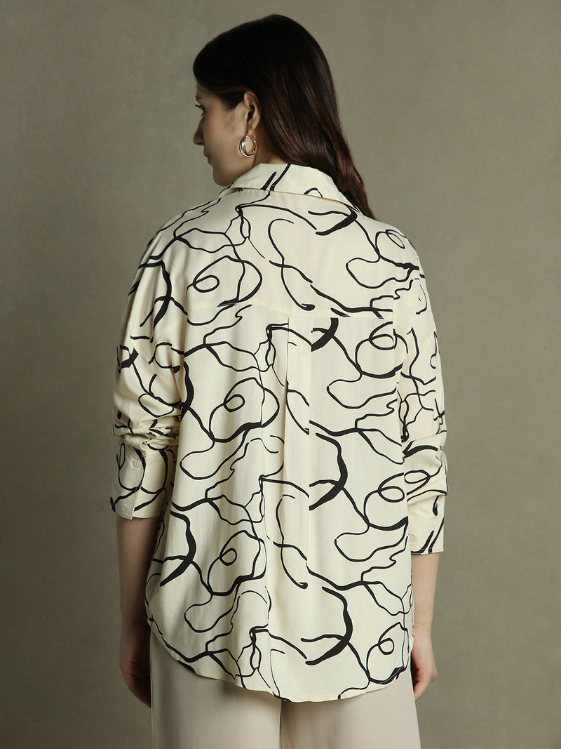 DL Woman White Abstract Print Collared Cotton Shirt