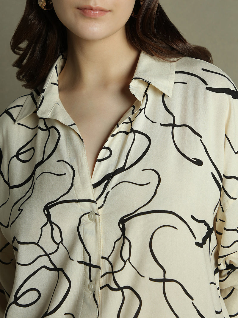 DL Woman White Abstract Print Collared Cotton Shirt