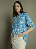 DL Woman Blue Floral Print Collared Cotton Shirt