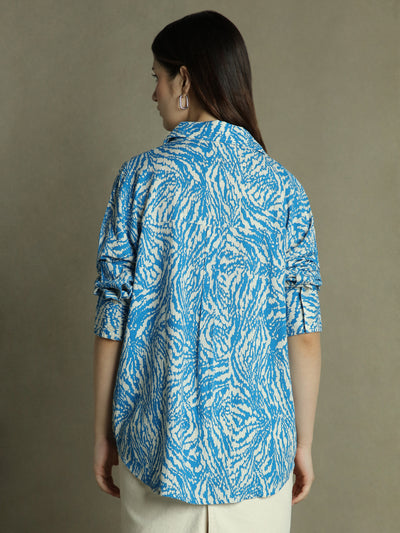 DL Woman Blue Floral Print Collared Cotton Shirt