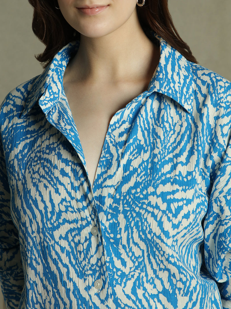 DL Woman Blue Floral Print Collared Cotton Shirt