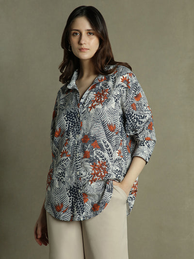 DL Woman Black Floral Print Collared Cotton Shirt