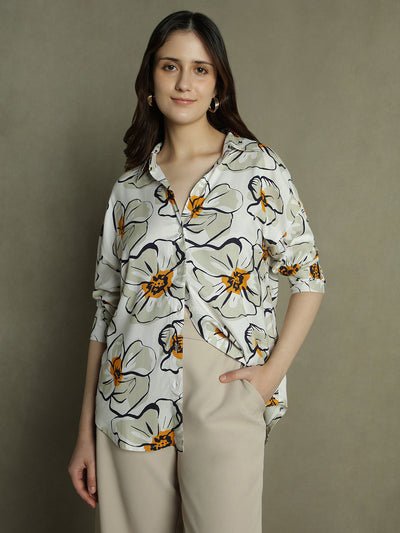 DL Woman White Floral Print Collared Cotton Shirt