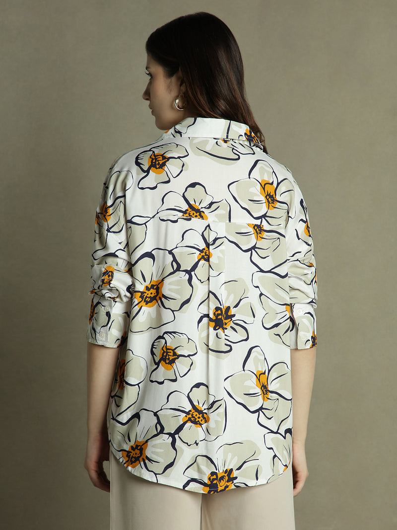 DL Woman White Floral Print Collared Cotton Shirt