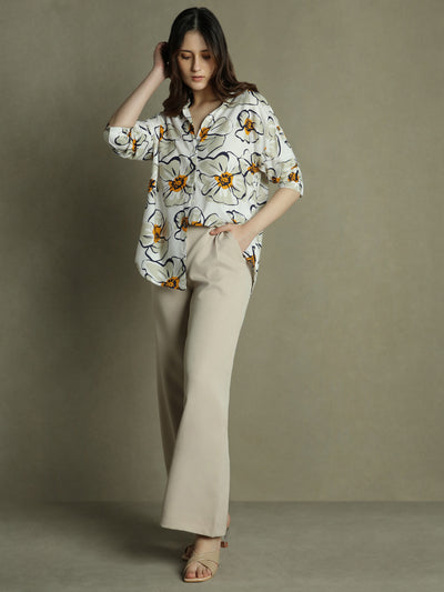 DL Woman White Floral Print Collared Cotton Shirt