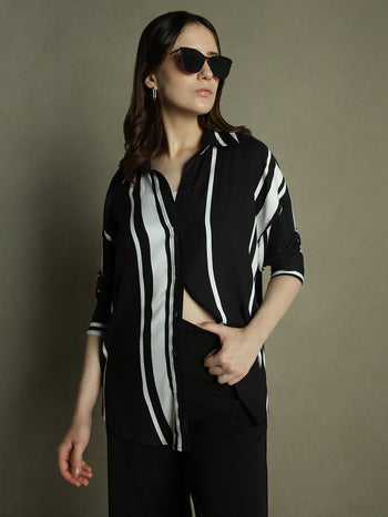 DL Woman Black Printed Stripes Collared Cotton Shirt